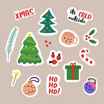Christmas stickers set doodle branch christmas cup gift tree winter