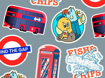 London Stickers booth bus cartoon chips double decker fish flat gb gradient illustration london mind the gap mule phone potato sticker uk underground