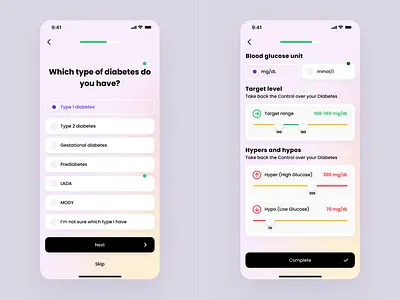 Diabetes App. Onboarding settings creative diabetes health healthcare ios app medecine medications minimal minimal design minimal ui mobile app onboarding selectors settings trend