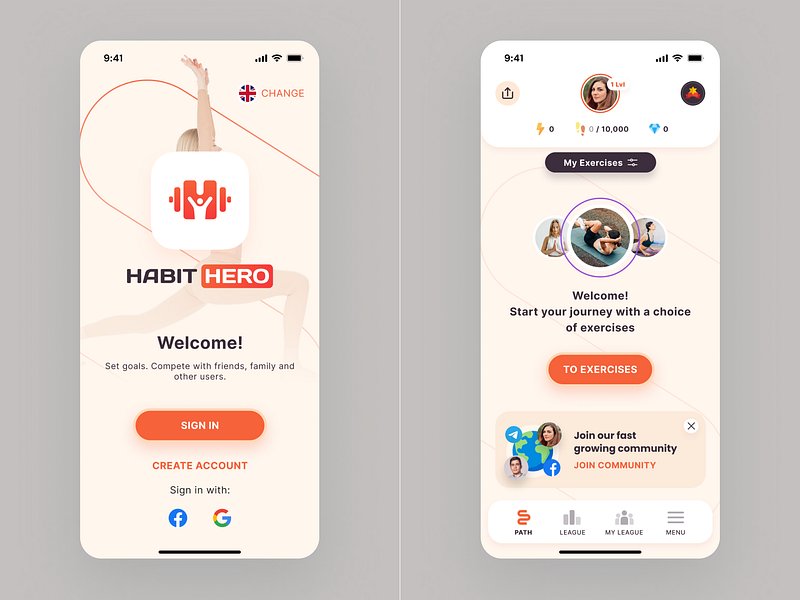 Habit Hero App UX/UI design. Splash & First login screen. clean creative fitness habit healthcare ios app design login menu minimal mobile app design mobile splash screen oprofile social buttons splash sport ui user xu