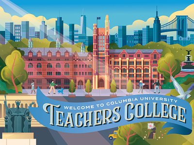 Teachers College Postcard banner branding campus college illustration new york city pigeon