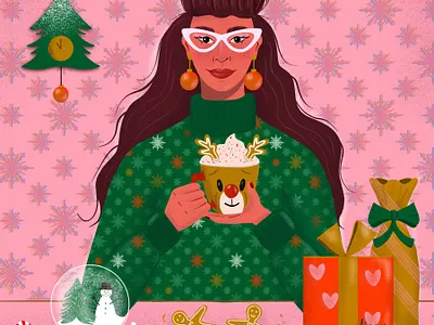 DTIYS Festive Edition character illustration christmas design drawing challenge dtiys female illustrator festive hand drawn illustration pink and green portrait procreate procreate animation women who draw
