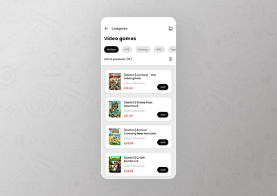 Category screen with a list of products ecommerce game ui uiux ux