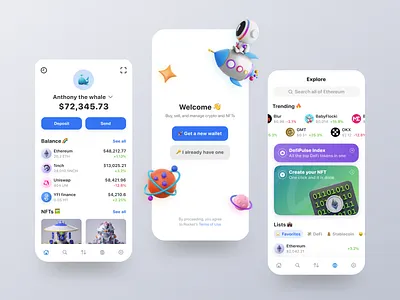 Rocket: Mobile Crypto Wallet App app bitcoin blockchain clean crypto cryptocurrency currency defi ethereum exchange finance financial funds investment minimal mobile nft ui ux wallet