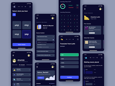 Courses for Learning Languages • Dark UI • Mobile UI • Education app ui courses dark ui duolingo edtech education language learning minimal mobile mobile app mobile ui product design quizel saas ui design ui ux
