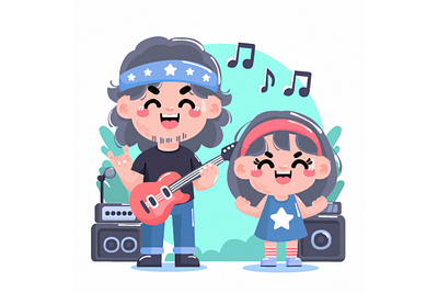 Flat World Rock Day with Dad and Daughter Illustration band concert dad daughter day guitar illustration metal music rock song vector