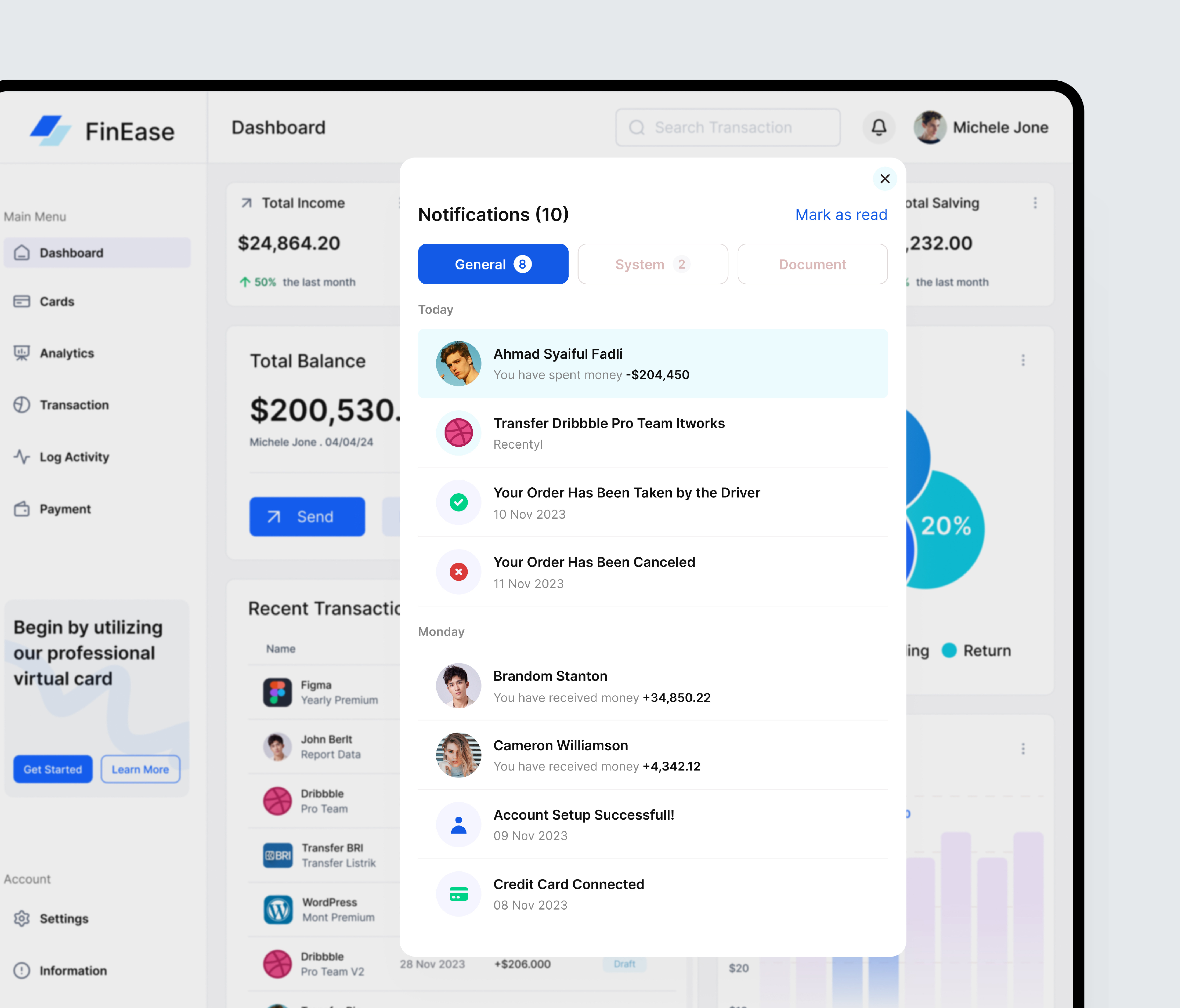 FinEase - Notifications Detail admin alert bank banking card dashboard finance finance dashboard fintech message messages modal notification modal notifications product design ui ux web web app web design