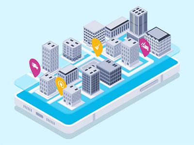 Isometric Illustration for a service provider platform app building city colorful design graphic design illustration isometric platform ui vector