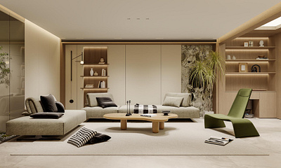 3D Interior renderings of cream style living room