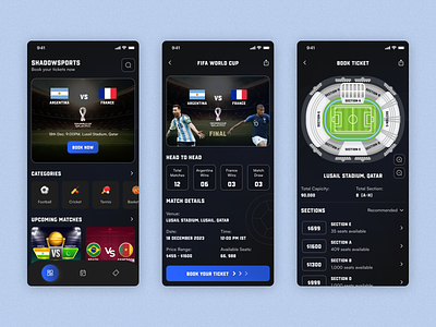Shadowsport App app dark theme design fanta fantasy sports football game ground mobile player sports ticket ui ux worldcup