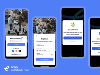 Sign up ui design | ECOOL Electric Scooter Finder UI Kit App car booking app create account ui app design electric vehicle app login ui app design register ui app design sign up ui app