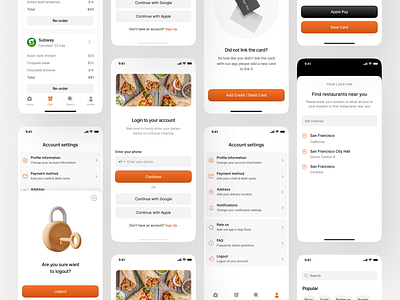 Tasty Tracks branding button cards cart checkout food food app form icons illustrations location minimal design payment profile ratings search switch tabs ui ux