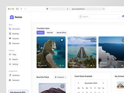 Serene - Travel Dashboard adventure dashboard design details package product design travel travel agency travel details travel guide travel planner traveling traveller ui vacation