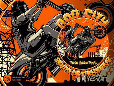 Rod City - Home Of The Brave animation branding cartoon character design harley illustration logo mascot mobile motorcycle print product design riding stunt typography ui vector web design