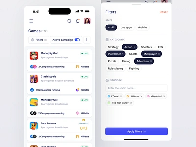 Game Dashboard | Filter 🎮 analysis app campaign dashboard filter game game computer game design game ux illustration minimal mobile mobile gaming play responsive saas sort stats tracking