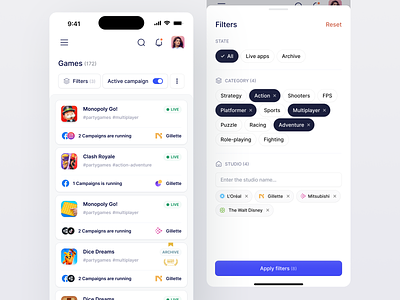 Game Dashboard | Filter 🎮 analysis app campaign dashboard filter game game computer game design game ux illustration minimal mobile mobile gaming play responsive saas sort stats tracking