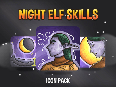 Night Elf Skills Icon Pack 2d art asset assets design elf fantasy game game assets gamedev icon icons indie indie game magic magical mmorpg rpg skill skills