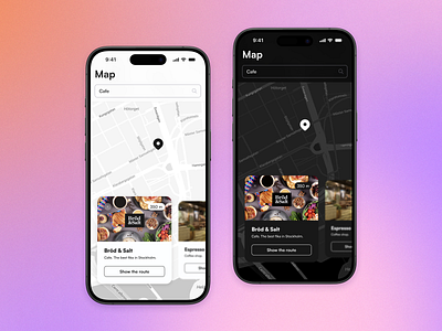 Map UI app cafe card dark mode location map ui