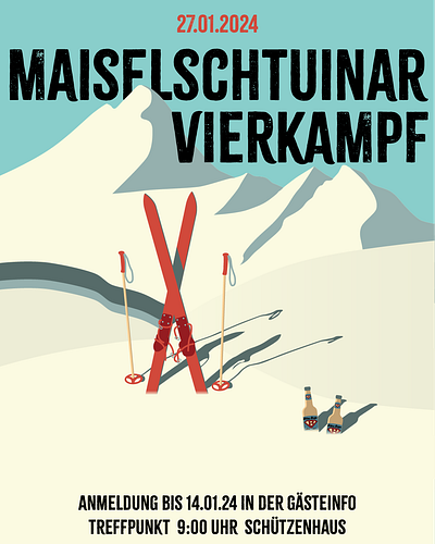 Poster for a fun sports event alpine skiing bavaria bavarian curling competition cross country event four germany graphic design illustration mountains poster retro shooting ski skiing snow sports sunny vintage