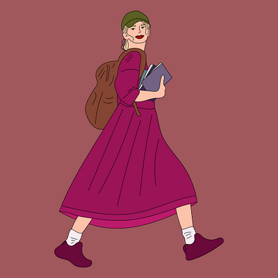 A girl walks with books and a backpack app branding design graphic design illustration logo typography ui ux vector