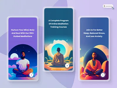 Meditation App Onboarding Screens 3d animation art branding digitaldesign flatdesign graphic design icon illustration innovationsync logo meditation app mobile motion graphics nft onboarding typography ui vector webdesign