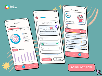 English Learning App - Retro Style app app design colorful retro creative design english learning app language learning learning app mobile retro retro style ui