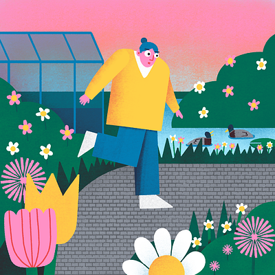 Running through the garden 2d art artist bright character color design drawing flat flowers fun geometric graphic design illustration shapes style