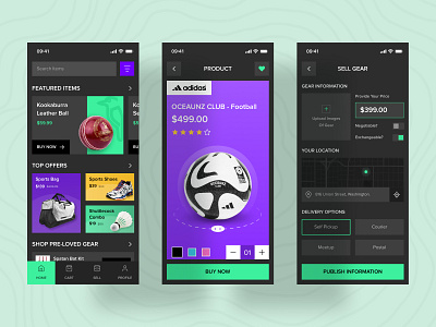 Online Sports Equipment App app design digitalshopping elegantui interactivedesign mobileappdesign moderndesign modernsportsui sportsapp sportstech techsavvysports ui userexperience ux visualdesign