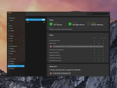 Founder Tools - Performance accomplishment achievement attainment behavior conduct dark theme end of year native design objectives outcome performance productivity result review user experience work