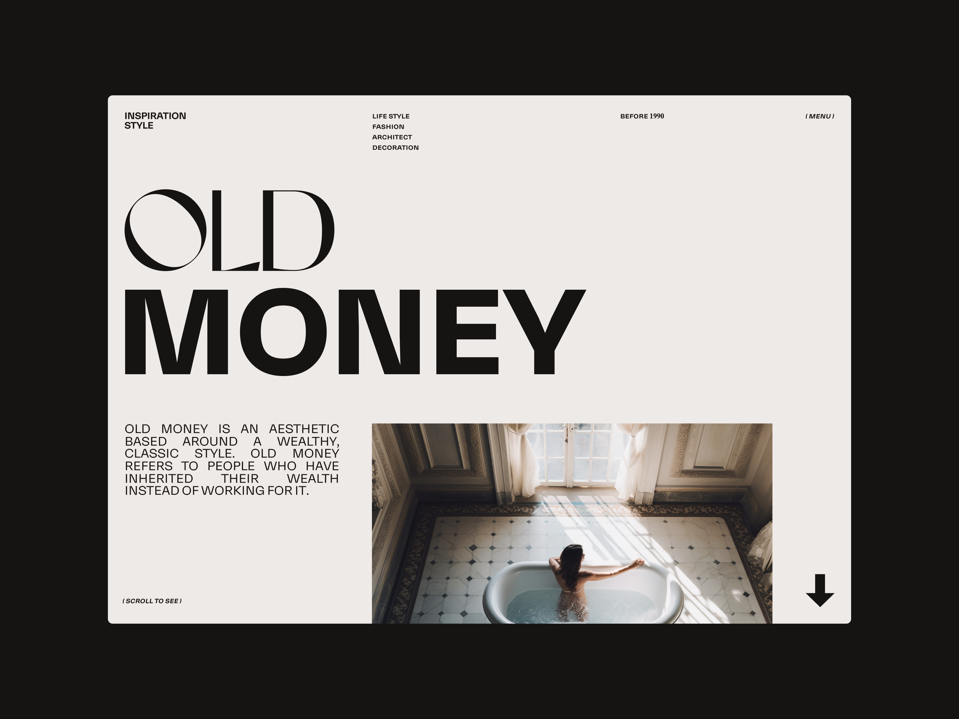 Inspiration Style Landing Page big font brown classic echo echo design echodesign hero hero section landing landing page luxery old old money old style scroll style typography ui design webdesign wild type