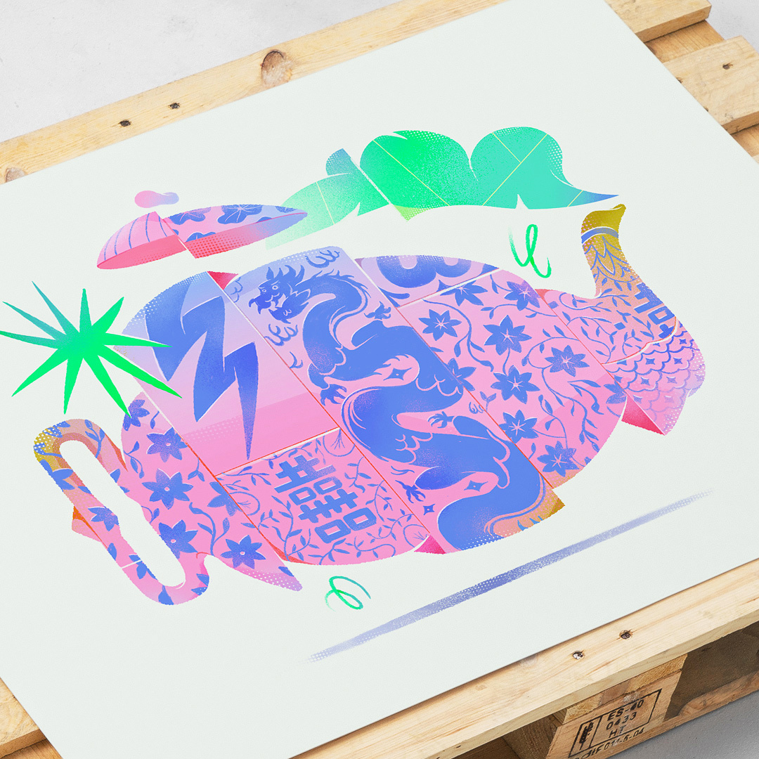 Teapot - Engine. art direction blue china energy illustration pink poster print tea teapot