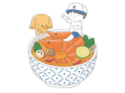 Tom Yum Goong - Thai Food cartoon digital art digital illustration dog drawing food foodie illustration pet procreate puppy shrimp spicy thai cuisine thai food tom yum