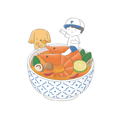 Tom Yum Goong - Thai Food cartoon digital art digital illustration dog drawing food foodie illustration pet procreate puppy shrimp spicy thai cuisine thai food tom yum