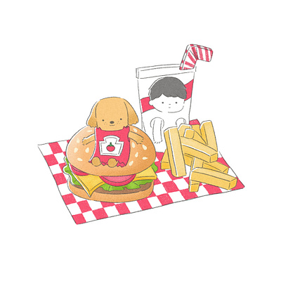 Burger and Fries burger cartoon digital art digital illustration dog drawing fast food food foodie french fries fries hamburger illustration ketchup pet procreate puppy soda