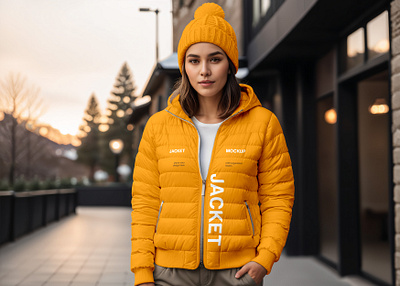 Free Jacket Mockup. AI Generated apparel clothing down jacket feather featherweight free freebie girl hiking jacket mockup outdoor sport sports tracksuit trekking vest windproof woman zipper