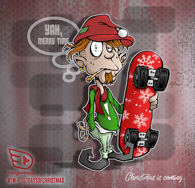 #Tw-elvesdaysofChristmas 12 Santa's step-son cartoon illustration chipdavid christmas dogwings drawing elf funny skateboard sketchstories