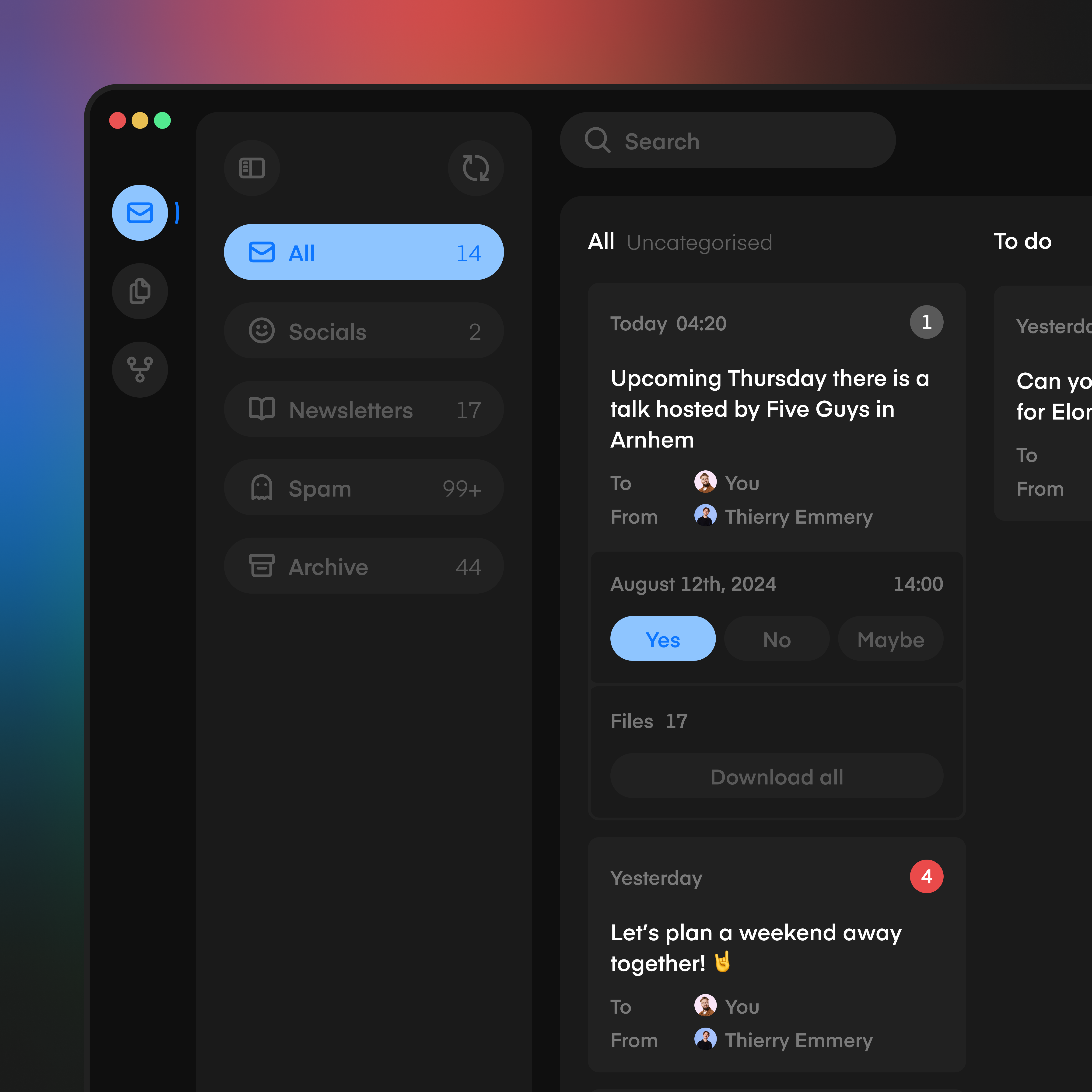Email client app dark theme desktop email interface kanban mail minimal native productivity tool