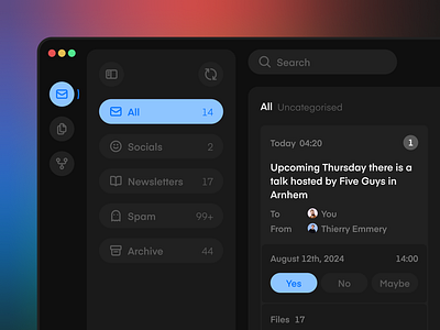 Email client app dark theme desktop email interface kanban mail minimal native productivity tool