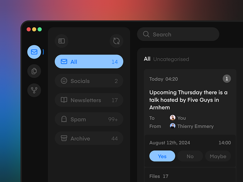 Email client app dark theme desktop email interface kanban mail minimal native productivity tool