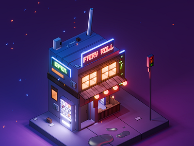 Fiery Roll 3d 3d design 3d low poly animation blender cyberpunk eevee glitters glow effect isometric light city low poly motion graphics nightlight particles rgb sushi sushirestaurant tetrapack