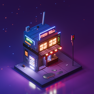 Fiery Roll 3d 3d design 3d low poly animation blender cyberpunk eevee glitters glow effect isometric light city low poly motion graphics nightlight particles rgb sushi sushirestaurant tetrapack