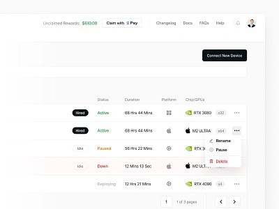 Devices - Decentralized physical infrastructure network ai blockchain code dashboard decentralized development enterprise gpu minimal product design saas software table ui ux ux designer vercel web app