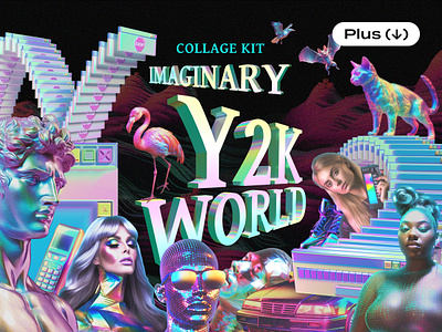 Imaginary Y2K World — Collage Kit 00s 90s animals cat clipart collage design download dream graphics holographic iridescent neon pack pixelbuddha set statue stickers tech y2k