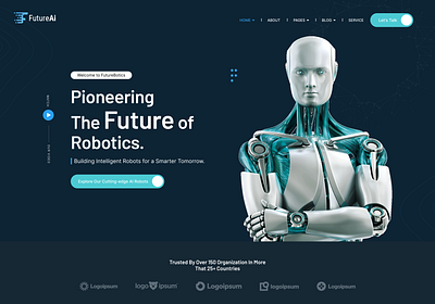 Futuristic AI Robot Landing Page ai blue home page dark theme future homepage landing page modern design robert robert theme robert website robotics technology ui design uiux website design