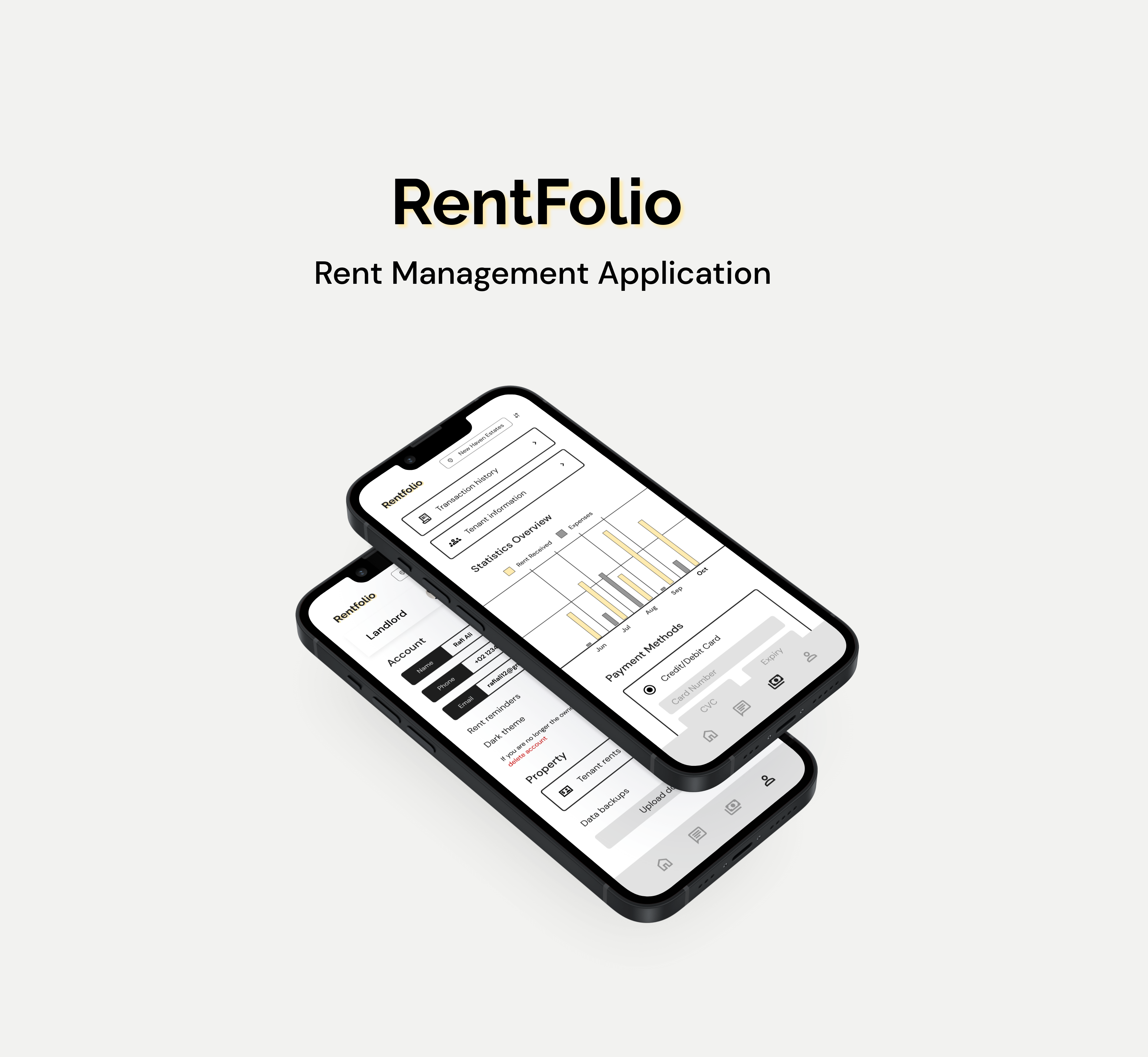 Rentfolio : Rent Management Application analytics application black and white branding classic database design elegant full project landowner logo mobile mockups modern rent tenant typography ui user friendly ux