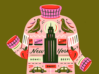 Only in New York 2d illustration christmas christmas card christmas sweater colorful drawing challenge festive hand lettering holidays illustration lettering new york nyc nyc pride subway taxi ugly sweater