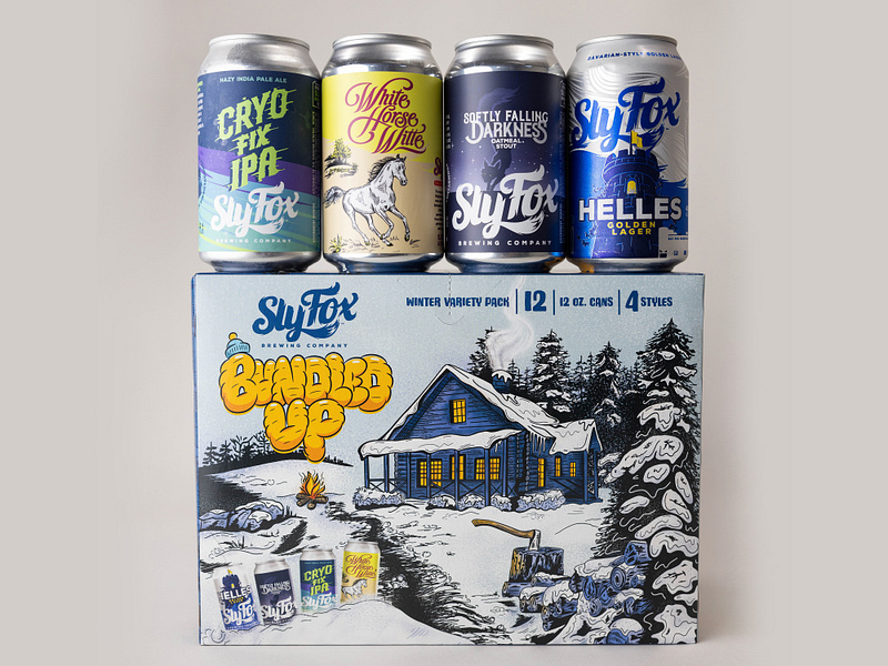 Sly Fox Bundled Up Winter Variety Pack beer beer branding beer can beer illustration beer label beer packaging brand design branding cabin graphic design illustration illustration art outdoors packaging packaging illustration scene sly fox snow typography winter