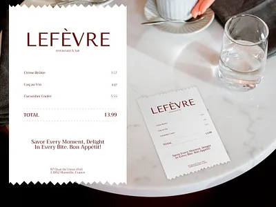 Receipt design. French restaurant - Lefèvre brand branding contemporary contrasted typography design eye catching food french graphic design identity logo minimalistic modern receipt restaurant stylish tableware visual
