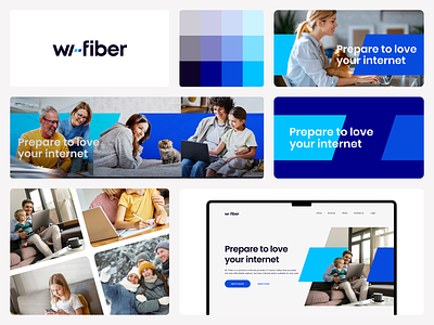 Wi-Fiber Logo and Branding blue branding broadband dark blue fiber happy people human internet internet provider isp light blue minimal modern brand people purple simple