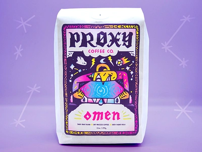 Proxy Coffee: Omen Blend branding coffee cute fun haener illustration magic packaging purple weird